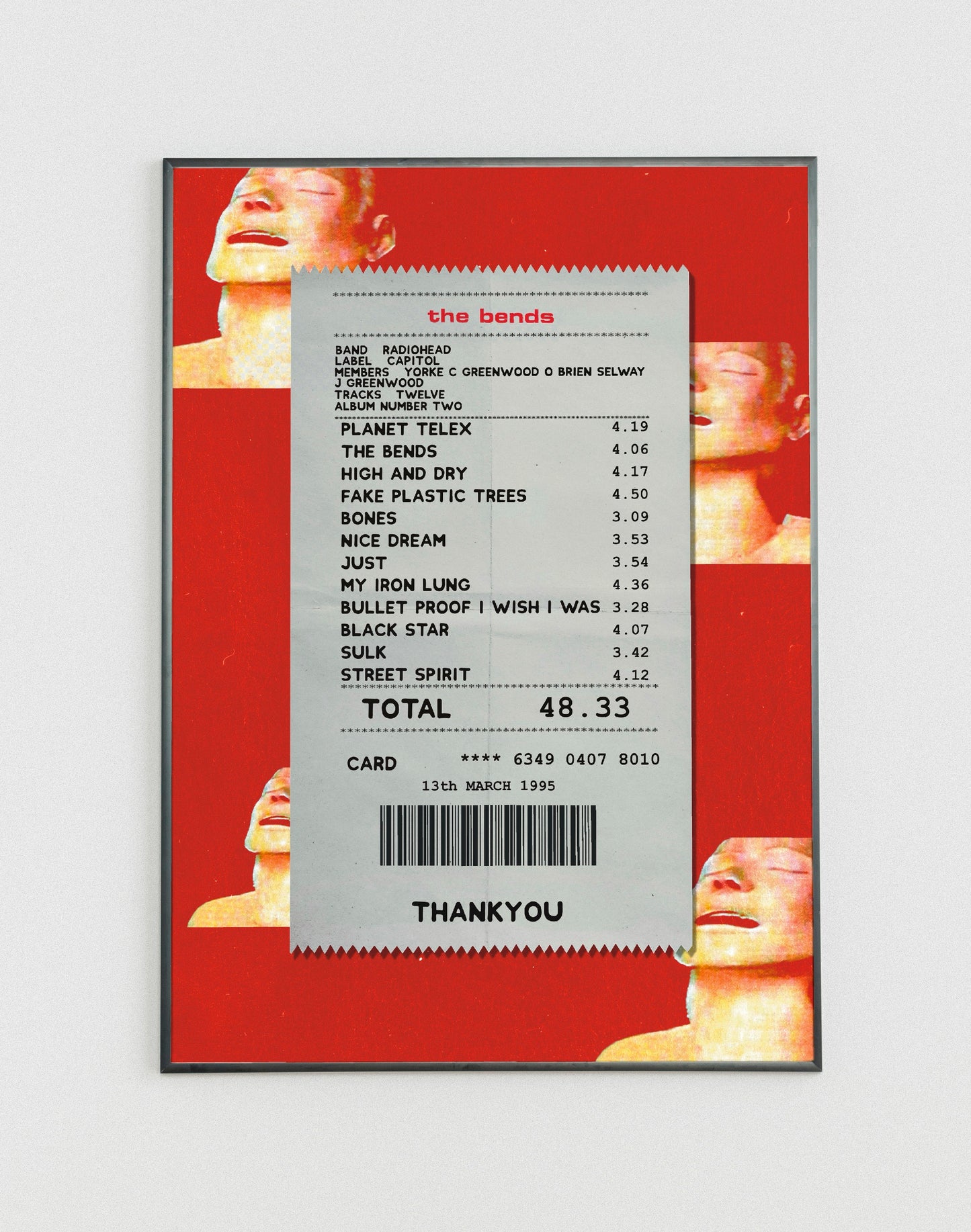 Radiohead the Bends receipt poster