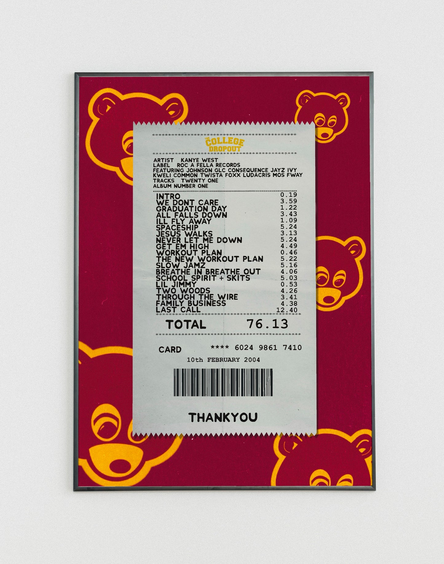 Kanye West College Dropout receipt poster