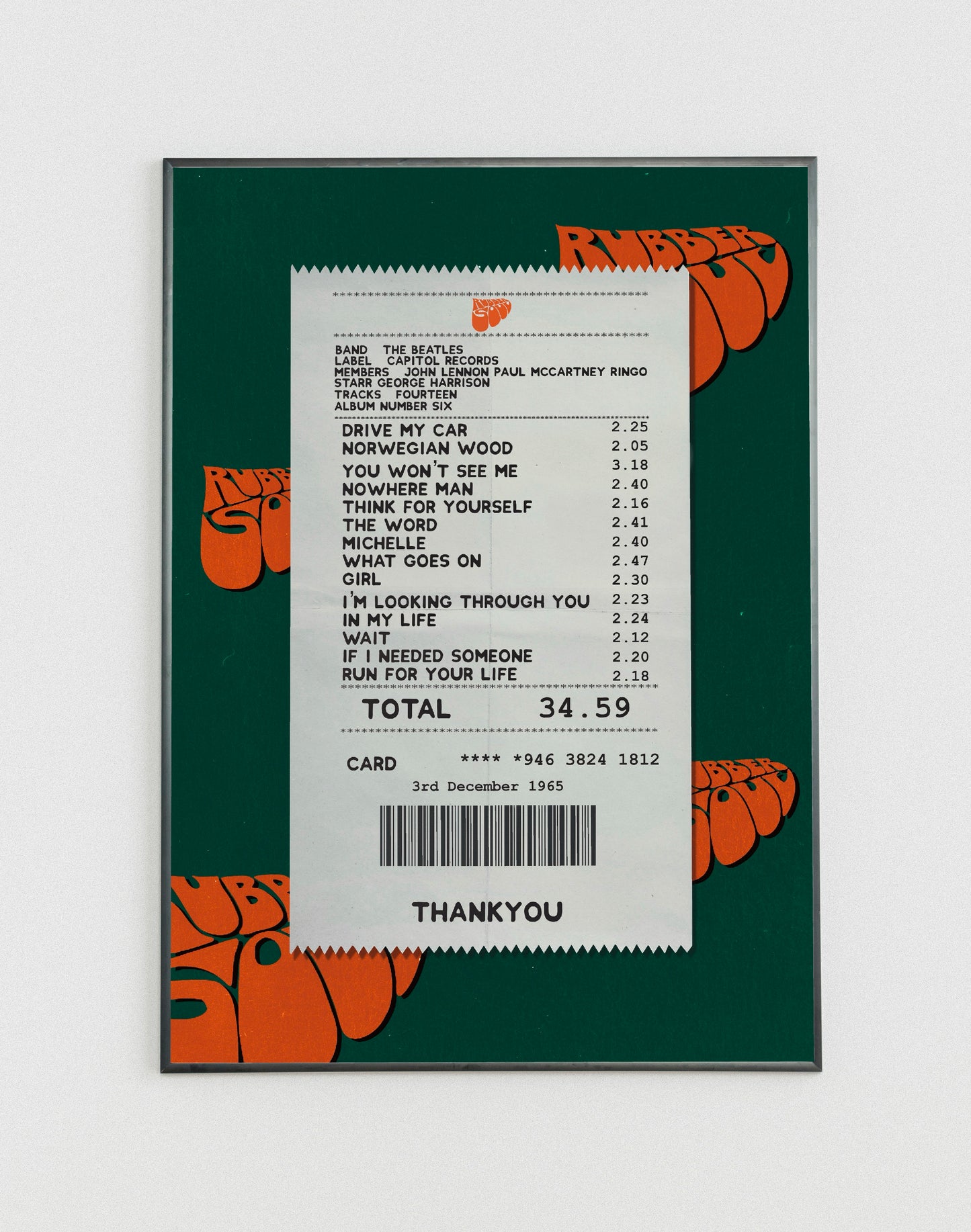 The Beatles Rubber Soul receipt poster