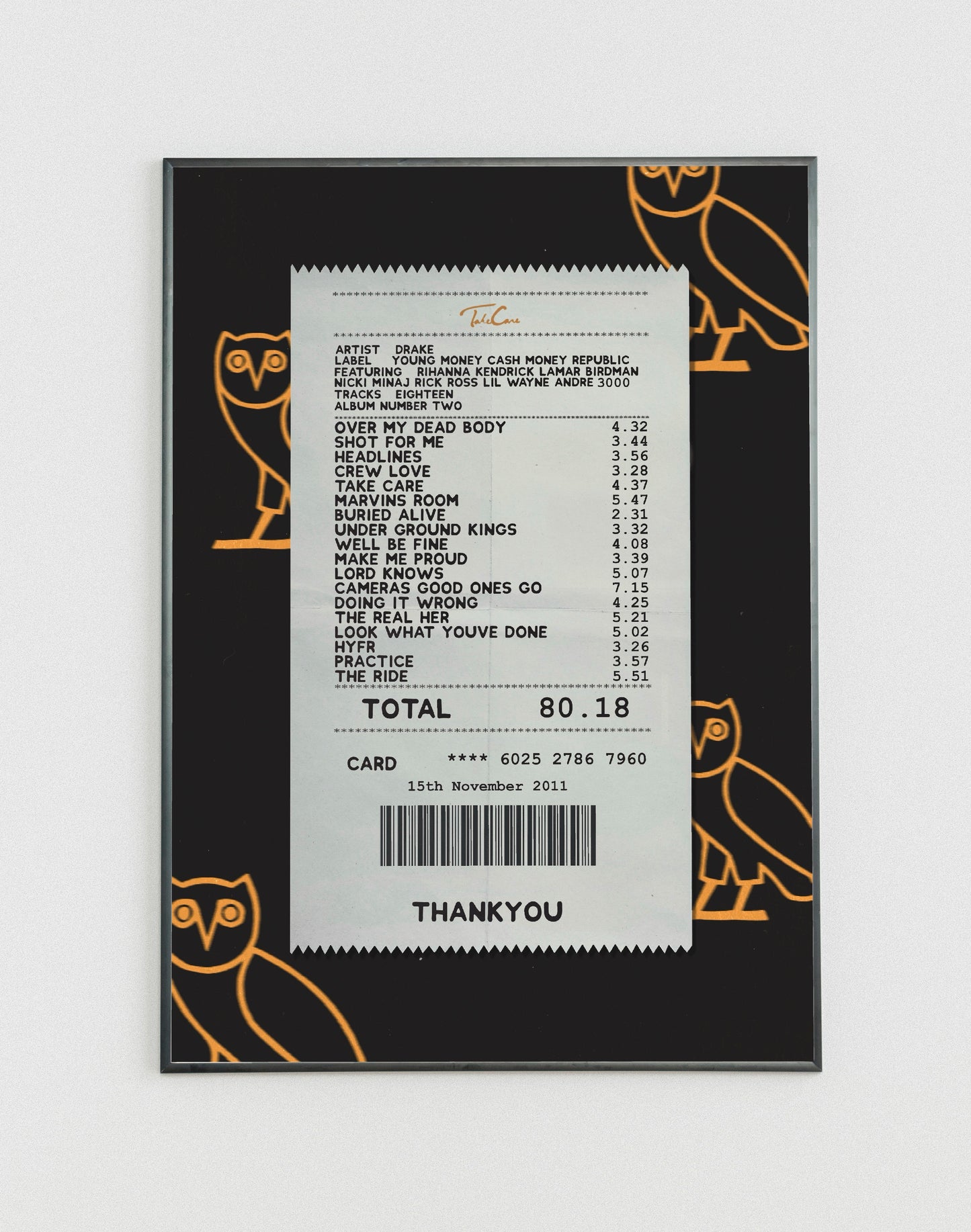 Drake Take Care receipt poster