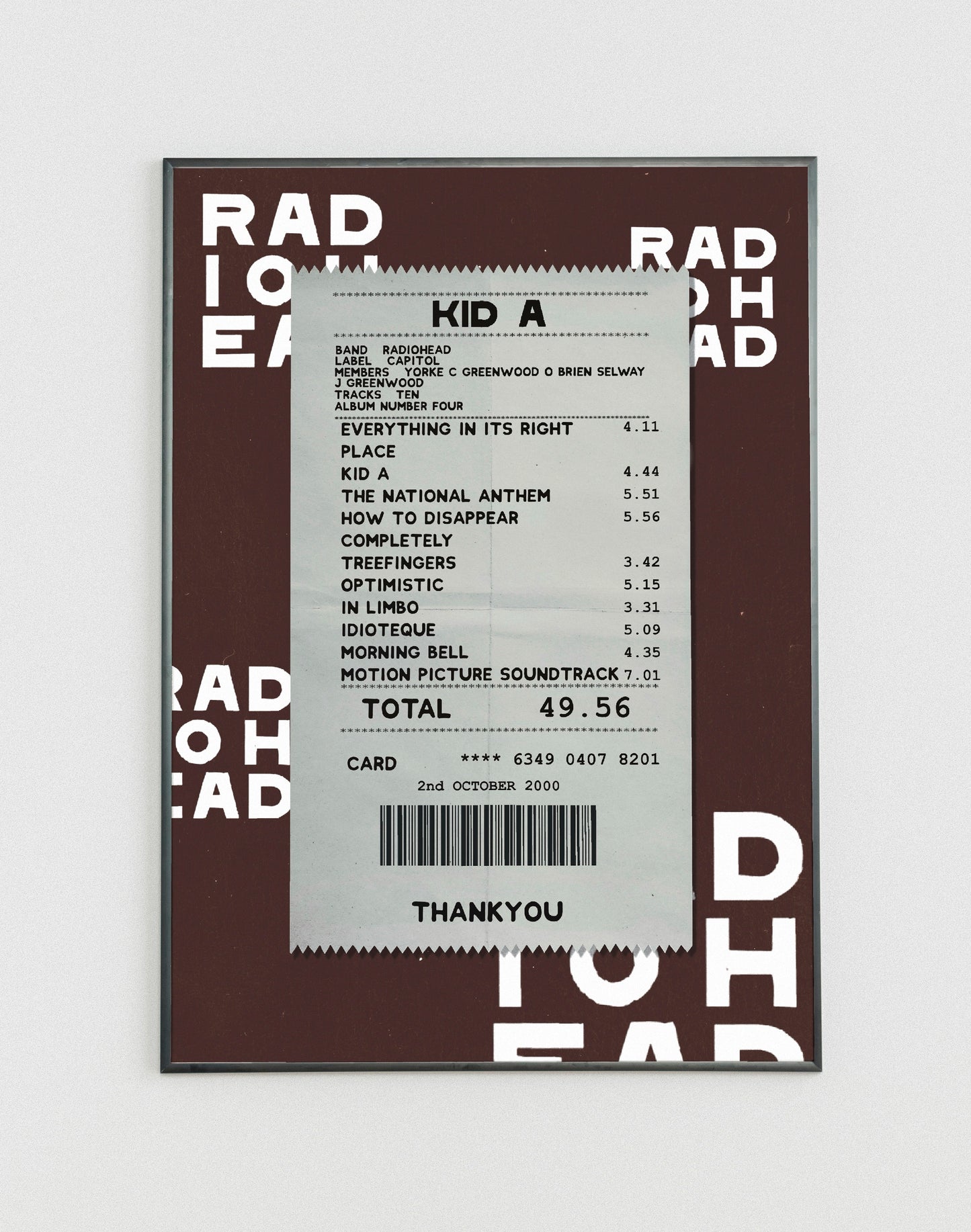 Radiohead Kid A receipt poster