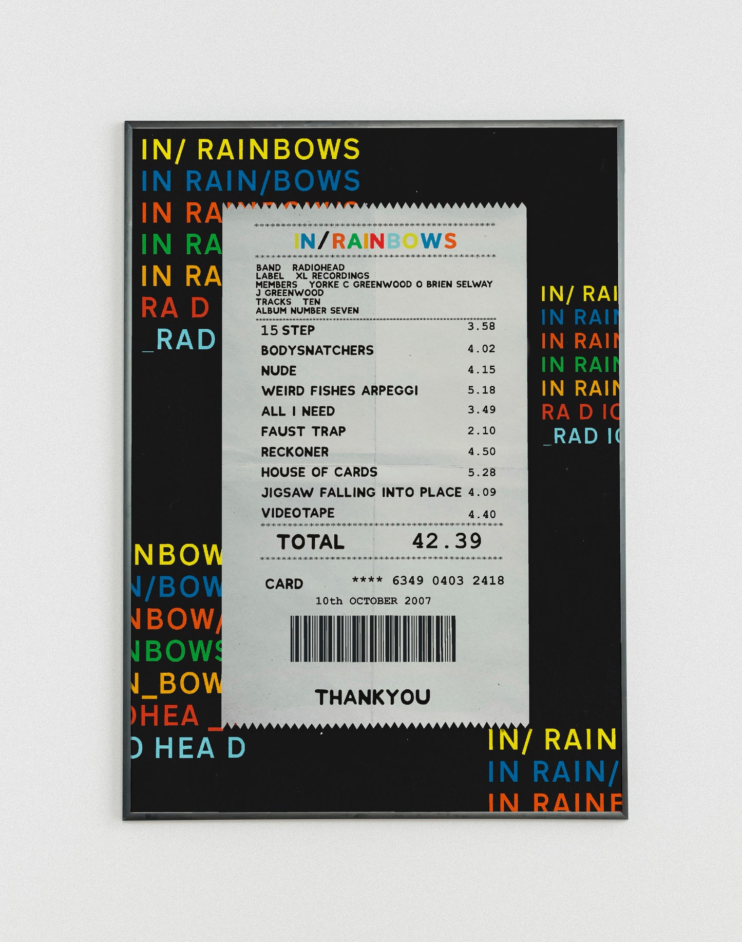 Radiohead In Rainbows receipt poster